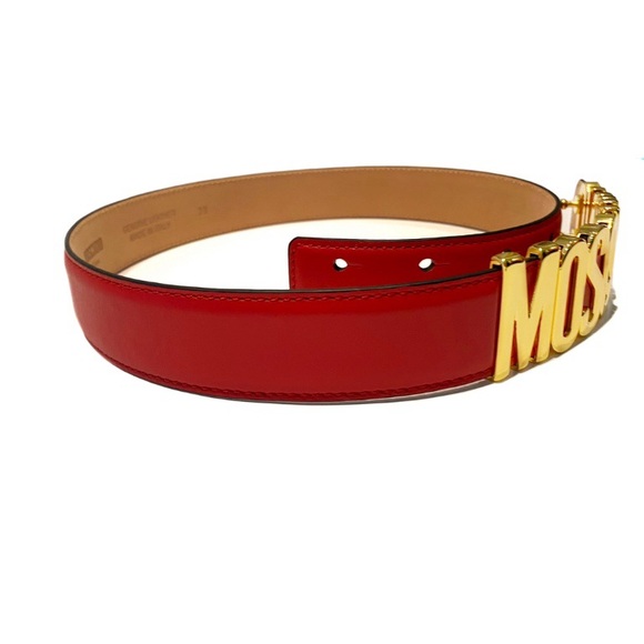 MOSCHINO Red Gold Logo Leather Belt NWT - Picture 5 of 15